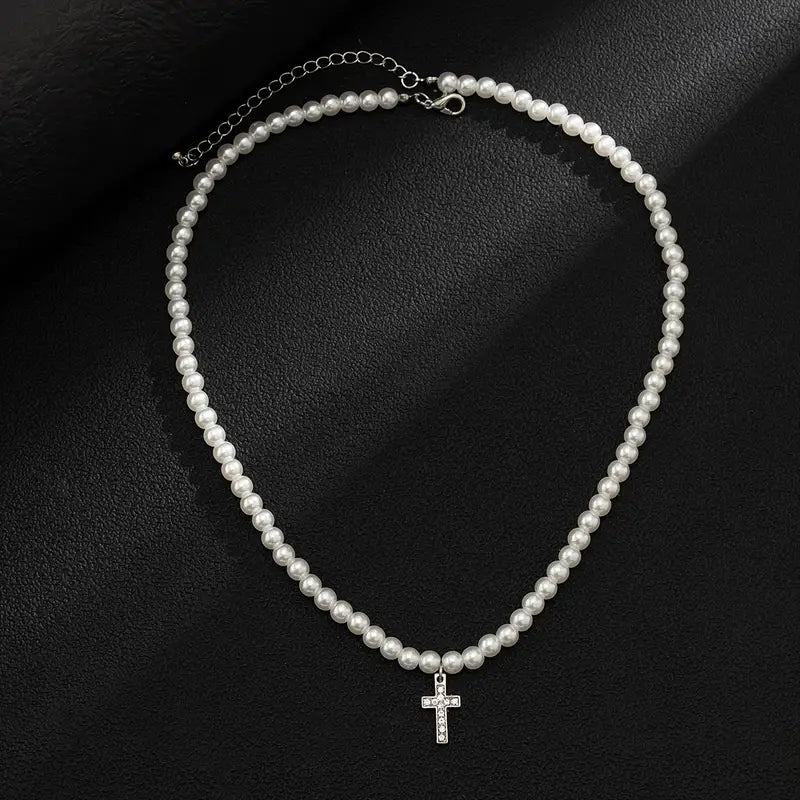 Künstliche Diamant-Kreuz-Anhänger-Perlen-Halskette der Männer