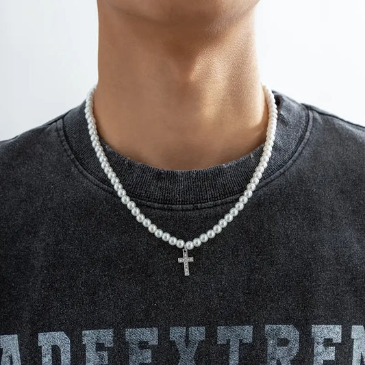 Künstliche Diamant-Kreuz-Anhänger-Perlen-Halskette der Männer